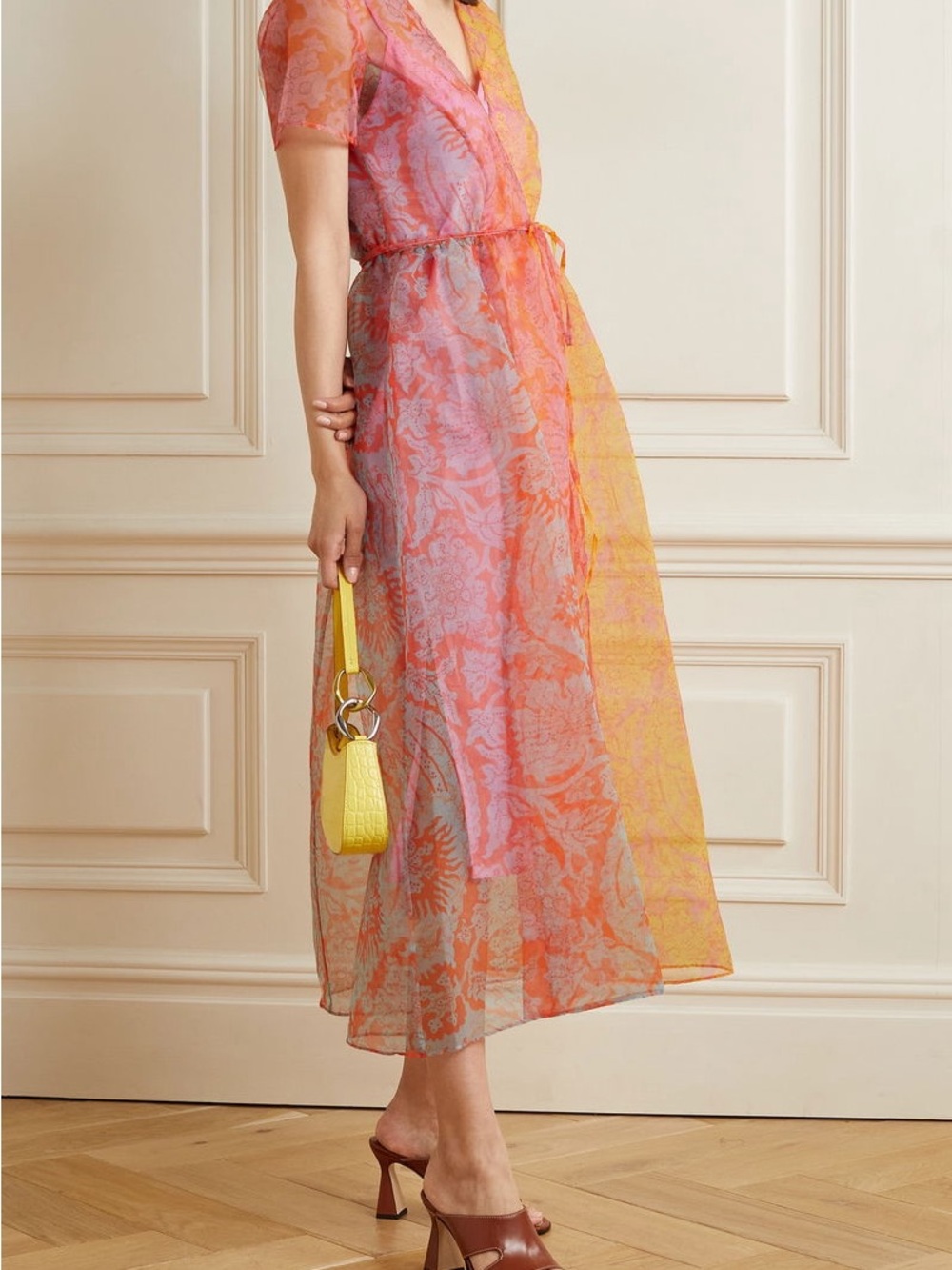 STAUD Filippa Pink-Orange-Yellow Floral Midi Gauzy Wrap Dress